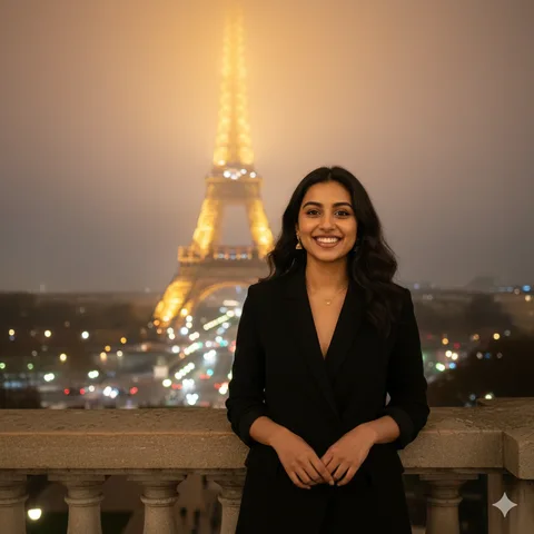 Woman in a black open blazer leaning on a Paris stone balcony at night with the Eiffel Tower in fog