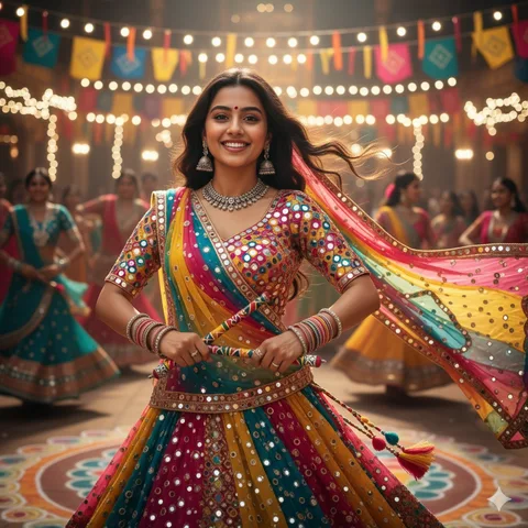 Young woman in a mirror-work ghagra-choli dancing with dandiya sticks in a lit garba pandal