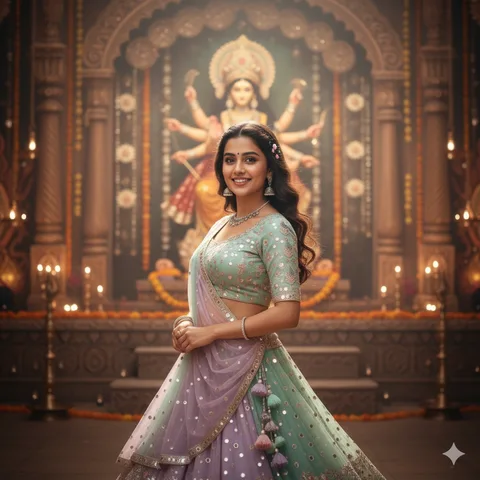 Woman in a pastel lehenga with flower clips in her curls in front of a softly lit Maa Durga idol