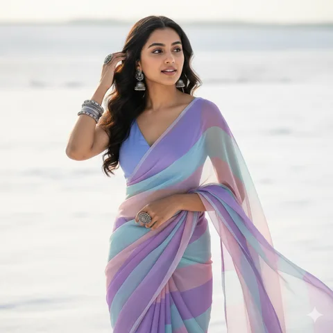 Indian woman in a pastel striped chiffon saree with silver jewellery standing in a snowy field