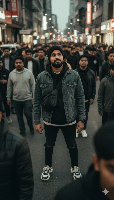 Young man in layered hoodie and beanie looking up amid a blurred city crowd, shot from above