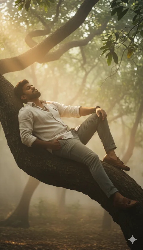 Man in linen shirt reclining on a large tree branch with eyes closed in a foggy sunlit forest