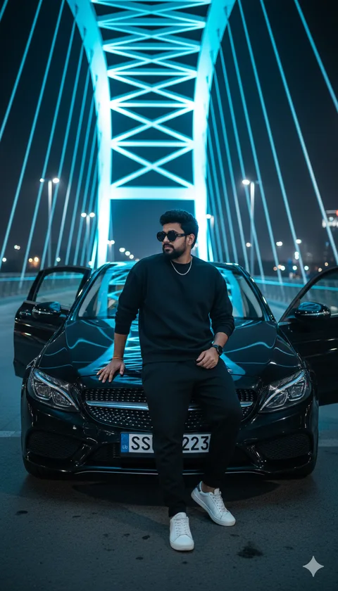 Young man in black sweatshirt and sunglasses sitting on a black Mercedes hood with a blue-lit bridge