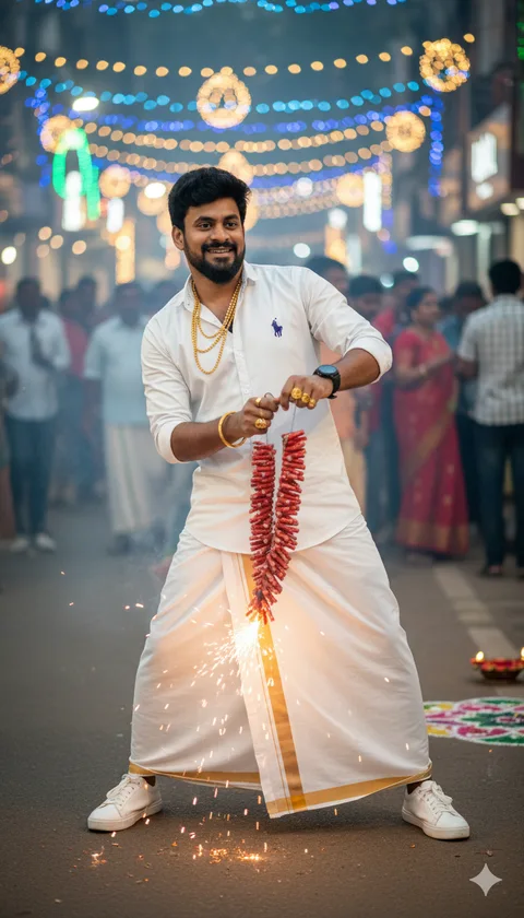 Man in white lungi and gold jewellery striking a funny pose with lit red crackers on a road