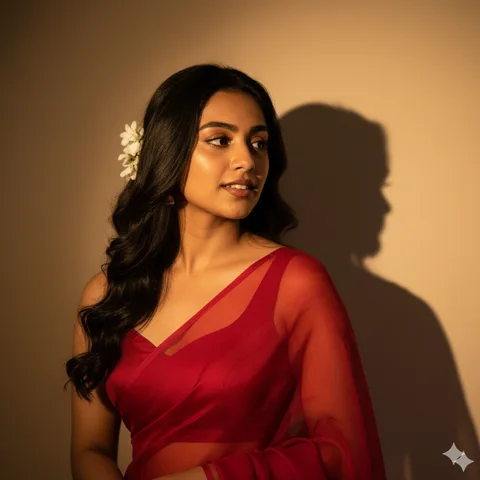Young Indian woman in a translucent red saree with white flowers in her hair casting a shadow on a warm wall