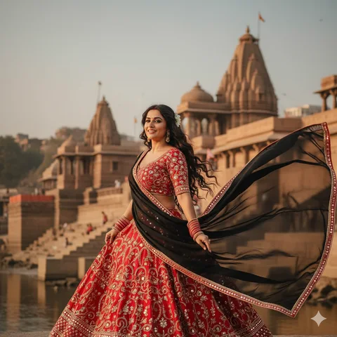Woman in a red ghagra choli with a black dupatta blowing in the wind at the temple ghats of Nashik