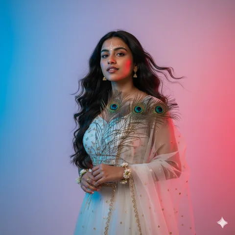 Young woman styled as Radha in a white lehenga holding peacock feathers under blue and red neon light