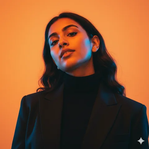 Close-up of a young woman in a dark blazer and turtleneck shot from below against a vivid orange background