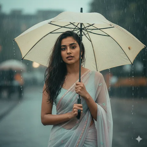 Woman in a chiffon saree holding an umbrella in the rain with wet hair in a vintage Bollywood style