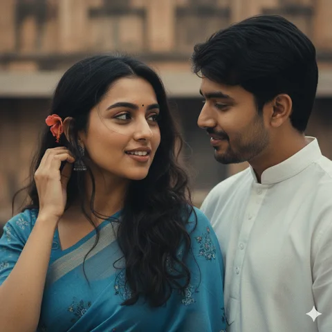 Man in a white kurta tucking hair behind the ear of a woman in a blue retro saree in windy light