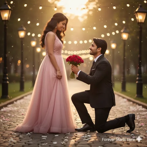 Man in black suit on one knee offering red roses to a woman in a pastel gown on a lit street