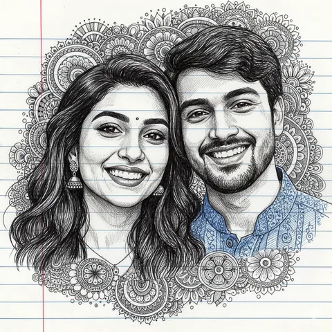 Ballpoint pen drawing of a couple on ruled notebook paper with decorative textures