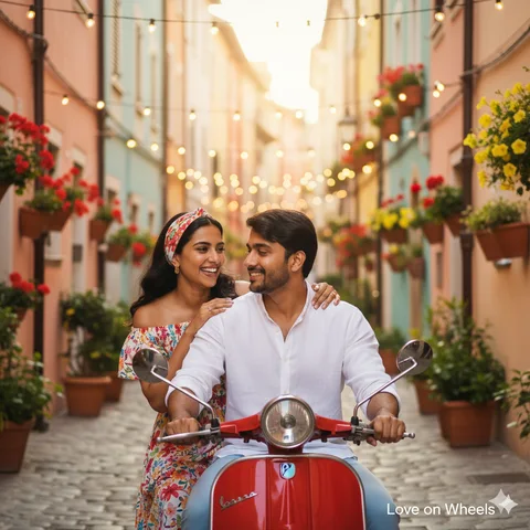 Couple on a red scooter in a colourful European street, woman in floral dress laughing