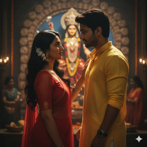 Couple in a red saree and yellow punjabi in front of a blurred Maa Durga idol with warm side light