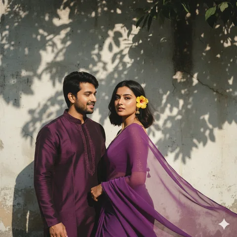 Couple in matching purple outfits posing against a wall with a tree shadow in grainy retro light