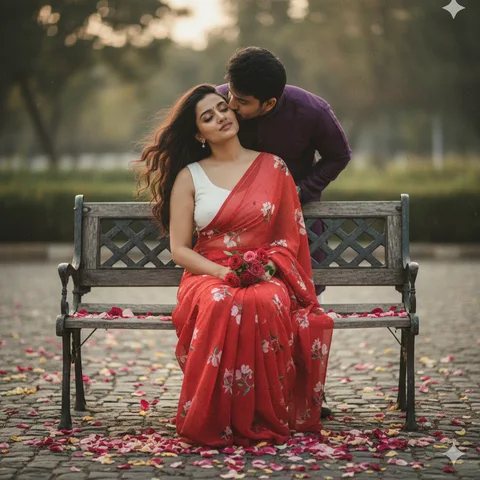 Man kissing the cheek of a woman in a red saree sitting on a wooden bench covered in rose petals