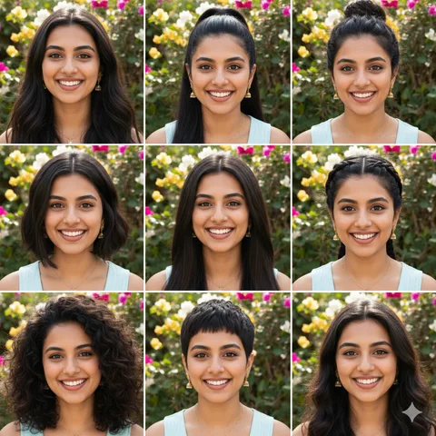 3x3 grid of the same woman with nine different hairstyles