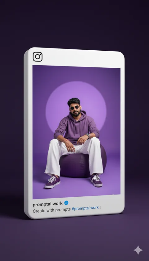 Man sitting inside a white 3D Instagram post frame with a verified handle against a dark background