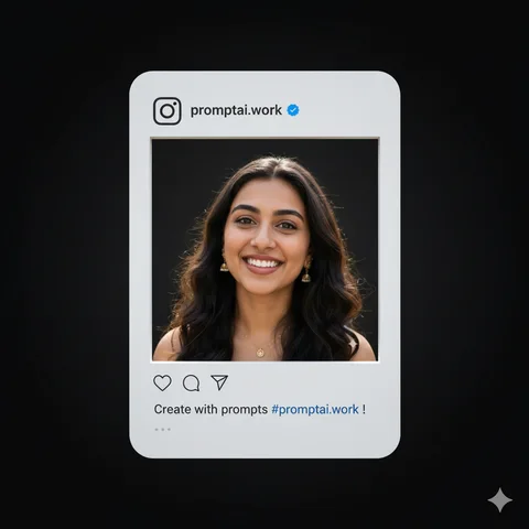 Woman sitting inside a white 3D Instagram frame cutout with a blue checkmark handle on a dark background