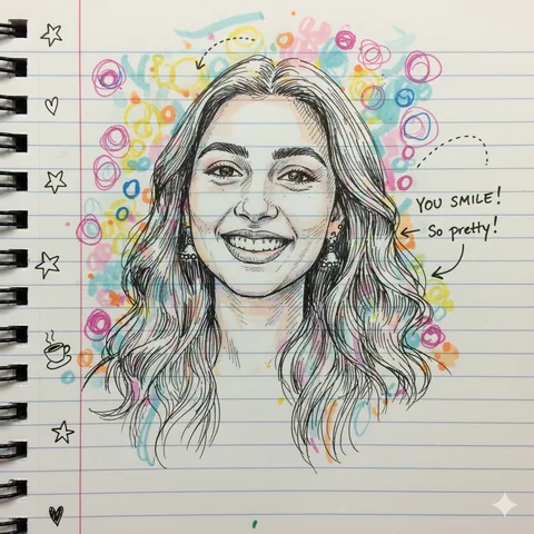 Pen-and-marker doodle of a woman's face on ruled notebook paper with arrows and small margin sketches