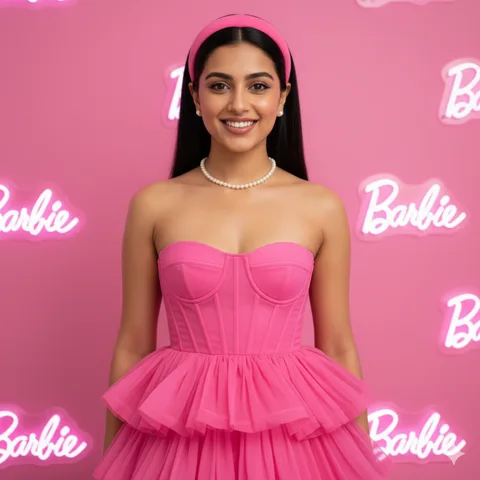 Woman in a hot pink ruffle mini dress and pearl necklace against a pink background with neon Barbie script