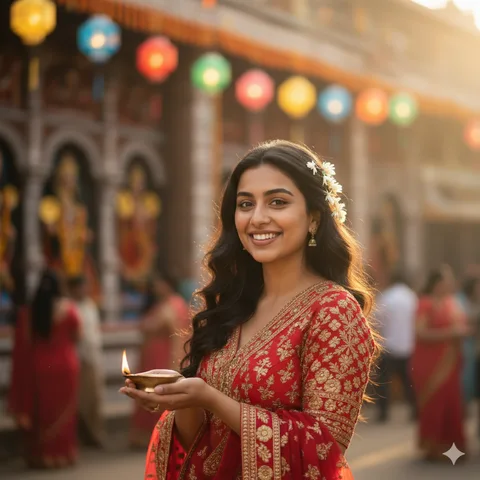 Woman in a red embroidered lehenga holding a diya with blurred Durga Puja lanterns behind her