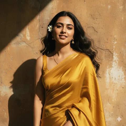 Woman in a mustard yellow silk saree with jasmine in her wavy hair against a rustic shadowed wall