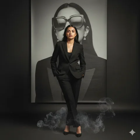 Woman in a black power suit in front of a large faded portrait of herself in sunglasses with floor smoke