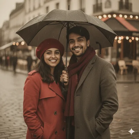 Couple embracing under a black umbrella on a cobblestone street near a Paris café in sepia tones