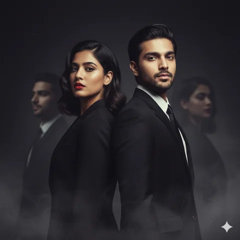Couple in matching black suits standing back-to-back in a dark studio with silhouettes and floor mist