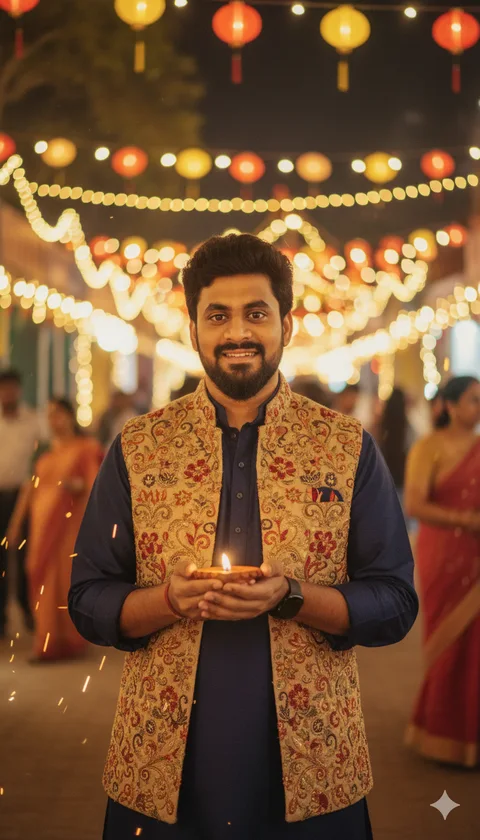 Young man in a navy kurta and beige jacket holding a diya at a Diwali night market with lanterns