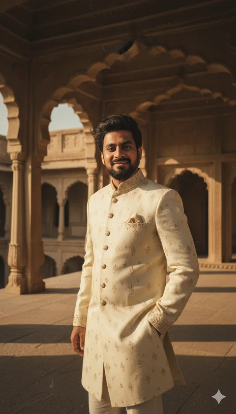 Young man in a cream gold-embroidered sherwani standing in a palace courtyard with arched doorways
