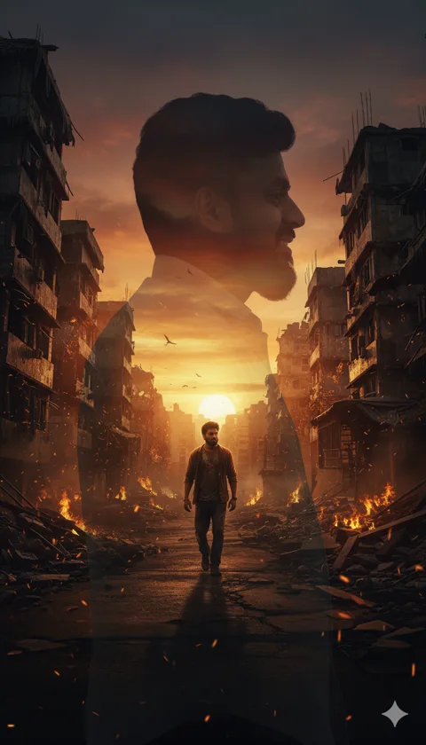 Double exposure of a man's profile silhouette containing a burning ruined city street at sunset
