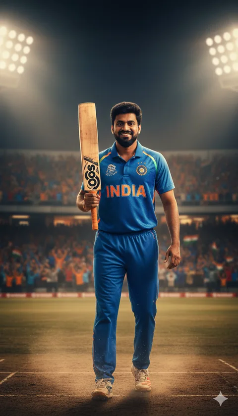 Young man in a blue India cricket jersey holding a bat on his shoulder in a floodlit stadium
