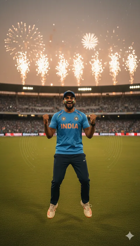 Young man with tricolour face paint jumping in celebration in a stadium full of blue flags and fireworks