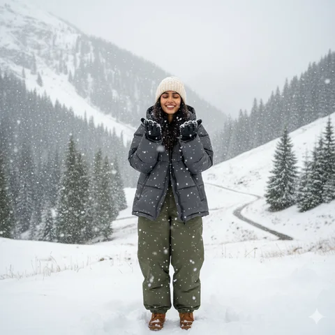 Woman in an oversized puffer jacket holding her hands up to catch snowflakes in a snowy green valley