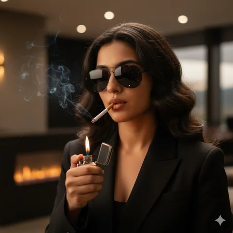Curly-haired woman in a black suit and dark goggles lighting a cigarette with a silver lighter