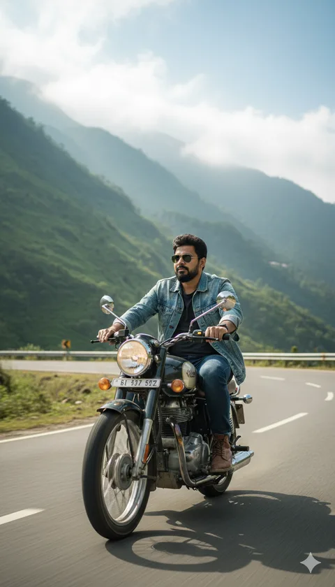 Man in a denim jacket and sunglasses riding a motorbike on a winding road through green mountains