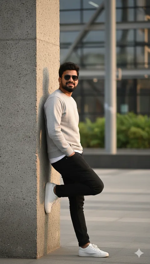 Young man in sunglasses and grey sweatshirt leaning against a textured grey wall in soft afternoon light