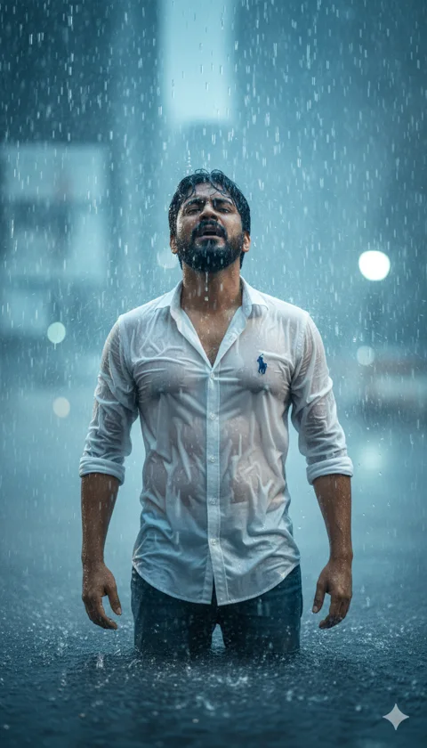 Male model in a wet white dress shirt looking upward in heavy rain with cool blue lighting