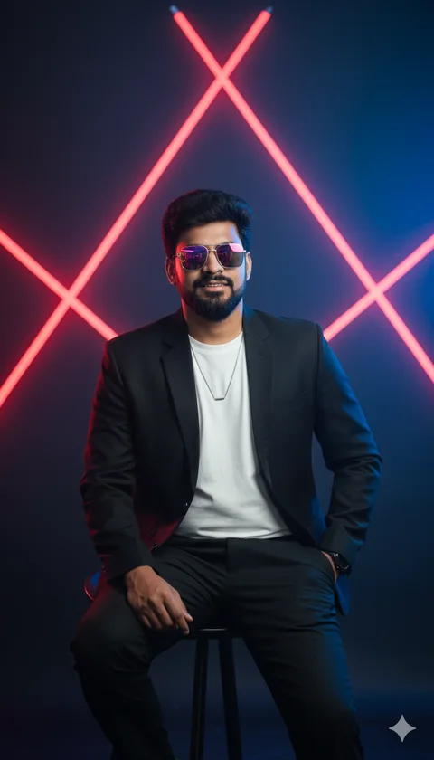 Man in black suit and reflective sunglasses seated on a black stool against red and blue gradient light