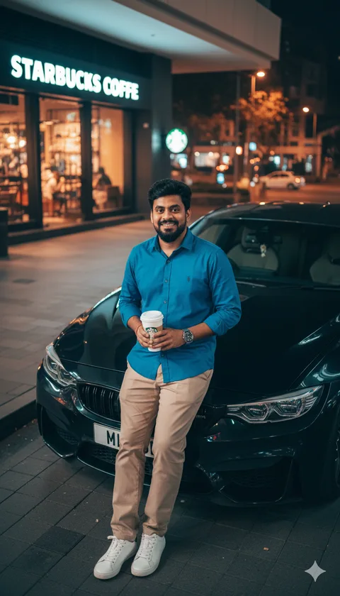 Young businessman in blue shirt leaning on a BMW M4 at night holding coffee and a phone
