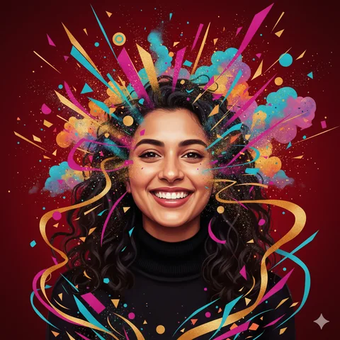 Smiling woman with curly dark hair in a black turtleneck surrounded by geometric shapes and sparkles on red