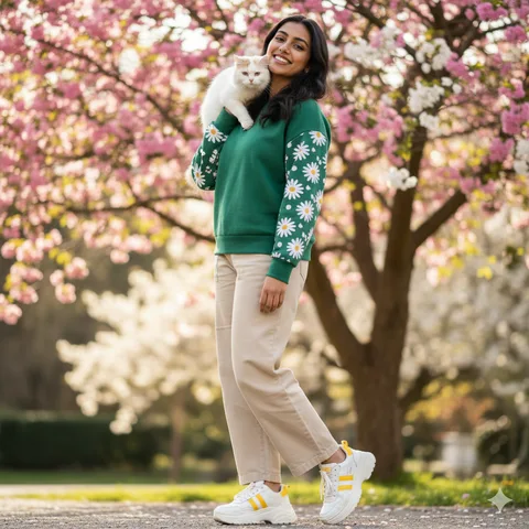 Woman in green floral-sleeve sweatshirt with a white cat on her shoulder in front of a flowering tree