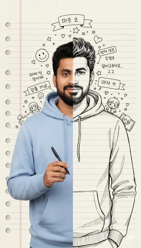 Young man in blue hoodie split down the middle, half real photo and half black-and-white doodle sketch