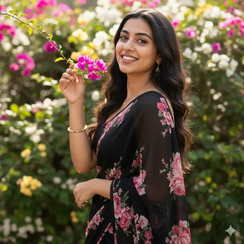 Young woman in a black and pink saree touching a branch of purple blossoms near her face