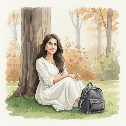 Watercolour illustration of a person sitting against a tree trunk with a small black bag on the grass