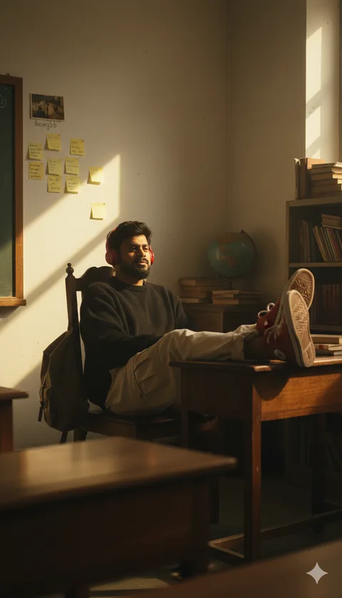 Man with feet on a desk in a vintage classroom wearing red headphones, lit by golden window light