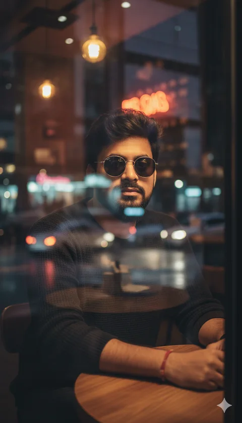 Young man in round sunglasses at a café table behind a window with city lights reflected on the glass