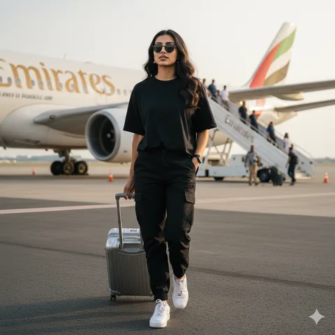 Young woman with a suitcase walking toward an Emirates airplane in black shirt, cargo pants and sneakers